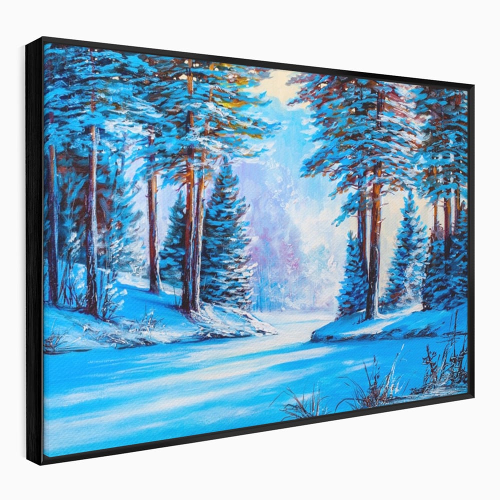 Tablou canvas cu pictura peisaj de iarna cu padure si zapada, in rama de aluminiu negru